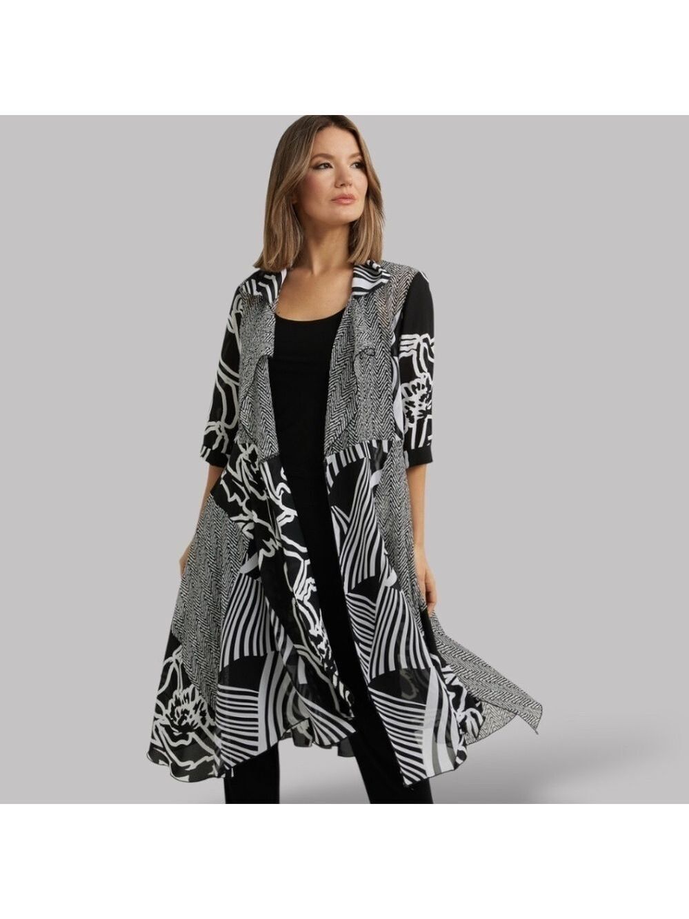 JOSEPH RIBKOFF Mesh Cardigan / Coverup / Long Line Jacket Black & White Sz 6